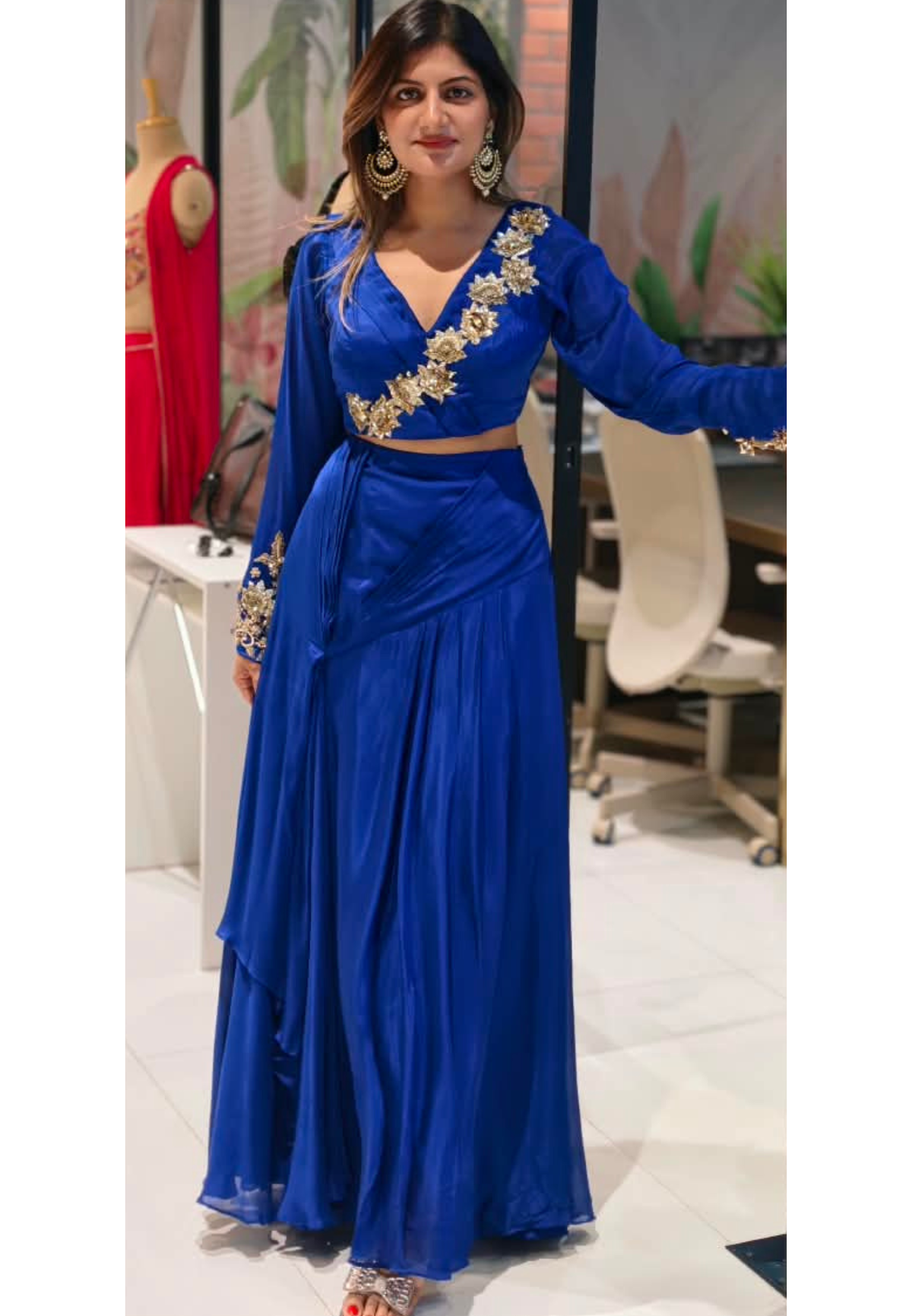Stylish Golden Floral Popped Pleated Crop-Top With Flared Bottom Indo Wear- 15098