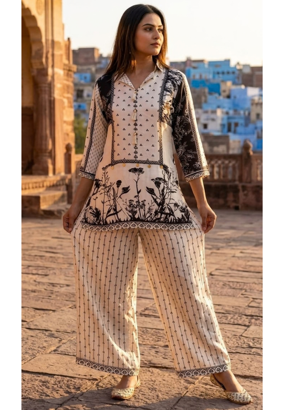Branch Tail Pure Printed Tasseled Flowy Crepe Co-Ord Set- 15239