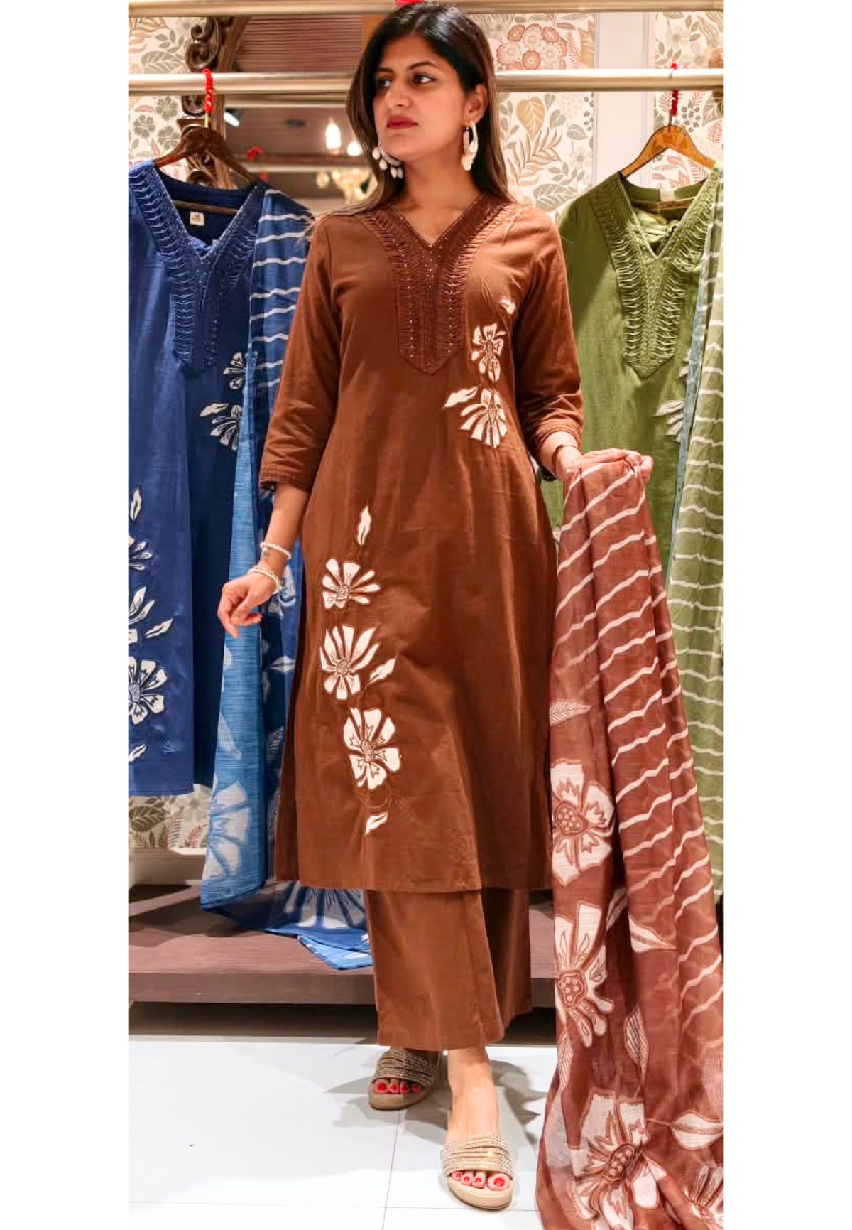 Pin Tuck Pleated Floral Patched Embroidery Straight Cotton Full Suit Set With Kota Doria Dupatta- 16266