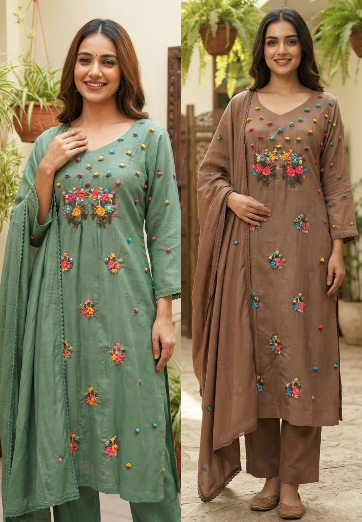 Cute Corchet Popped Floral Surat Mil-Chanderi Straight Full Suit Set With Dupatta- 16360