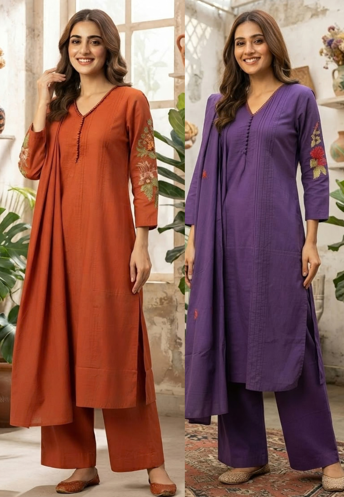 Crosia Work Over Sleeve Pleated Cotton Full Suit Set With Dupatta With Minimal Neckline- 16344