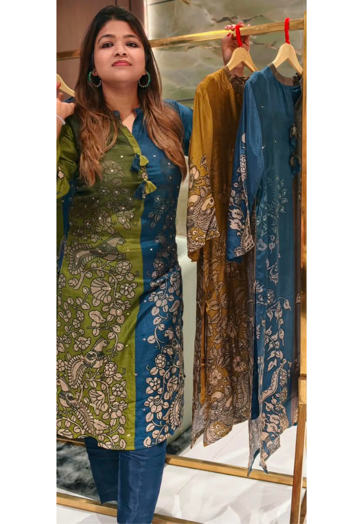 Kalamkari Print Button Down Accent Mandarin Collar Muslin Long Kurta Pant Set- 16517