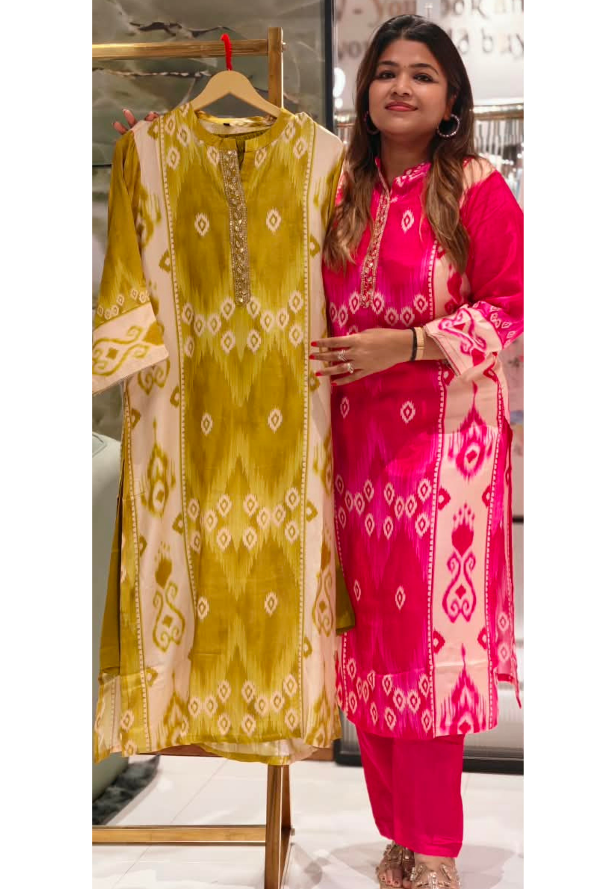 Ikkat Print Minimal Neckline Matching Kurta Pant Set In Soft Muslin Fabric- 16518