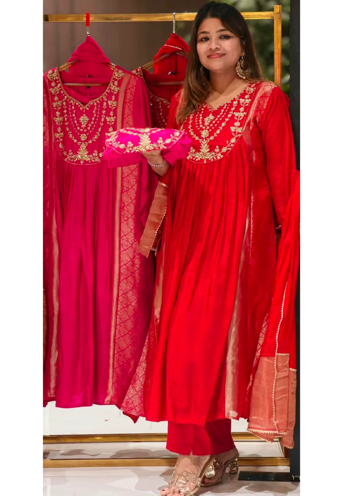Golden Fine Embroidery U-Yoke Front Pleated Brocade Side Panels Anarkali Full Suit Set With Dupatta In Russian Silk Fabric-16510