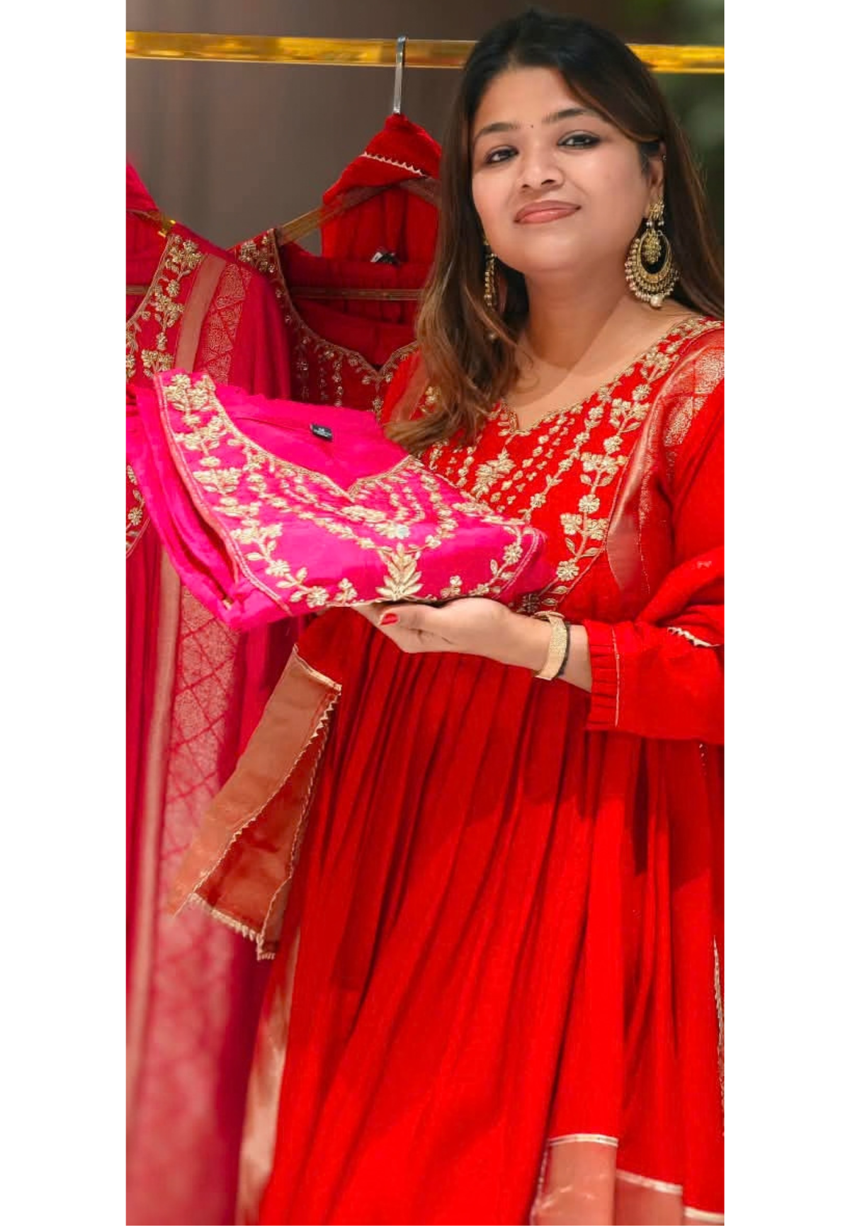Golden Fine Embroidery U-Yoke Front Pleated Brocade Side Panels Anarkali Full Suit Set With Dupatta In Russian Silk Fabric-16510