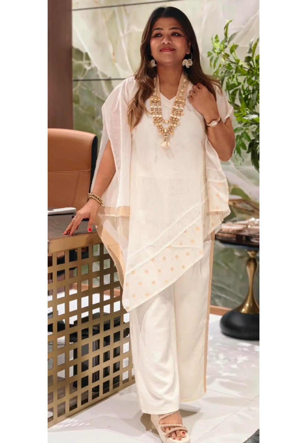 Stylish Indo-Western Golden Placket Lace Detailing High-Low Kurta With Matching Bottom & Stunning Neckpiece- 16514