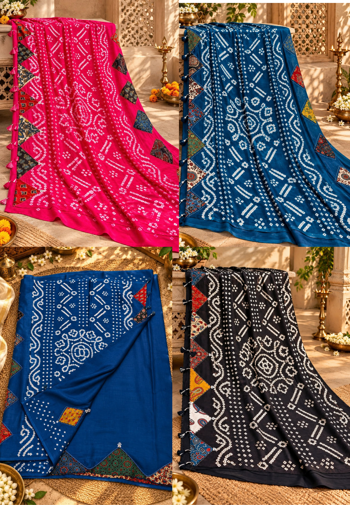 Elegant Mudal Muslin Saree with Handcrafted Ajrak Print Patchwork Detailing & Unstitched Blouse Piece-16648