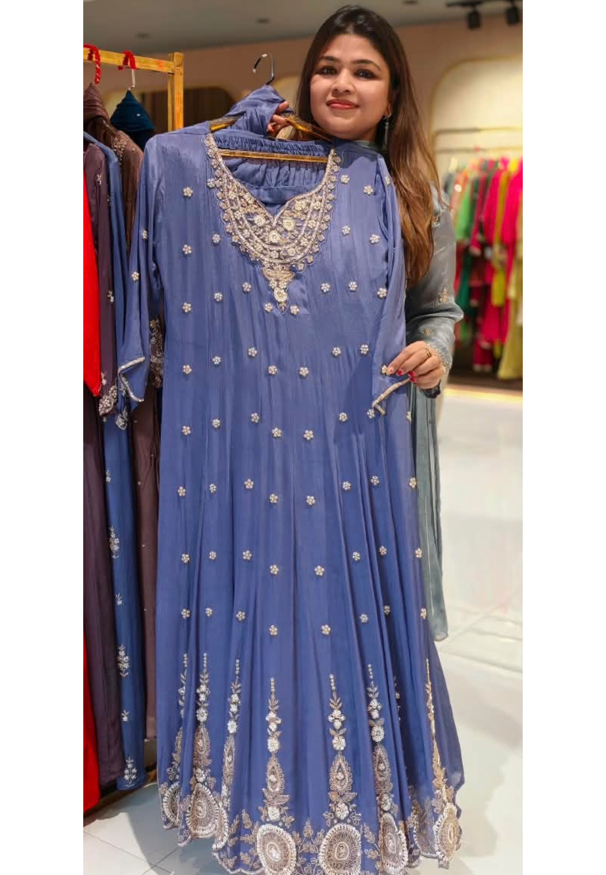 Premium Pastel Intricate Sequin Work Long Length Chinon Anarkali Full Suit Set with Dupatta- 16666