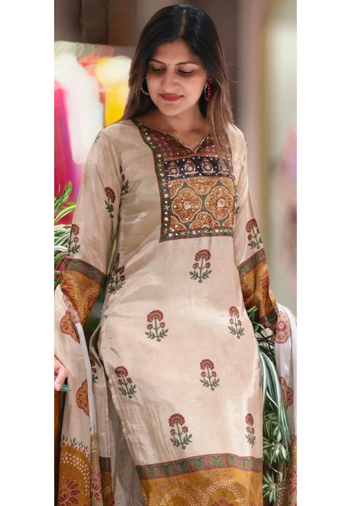 Ajrakh Print Flowy Comfort Fit Full Suit Set With Dupatta In Crepe Fabric- 16745