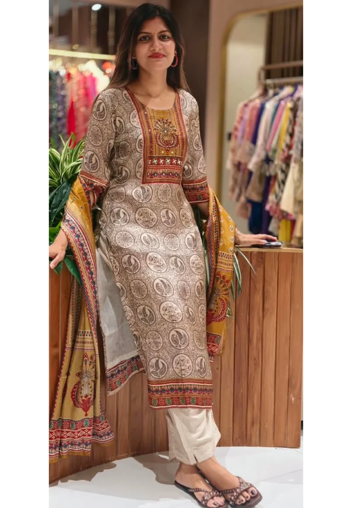 Beige Printed Art Embellished Yoke Crepe Full Suit Set With Dupatta- 16737