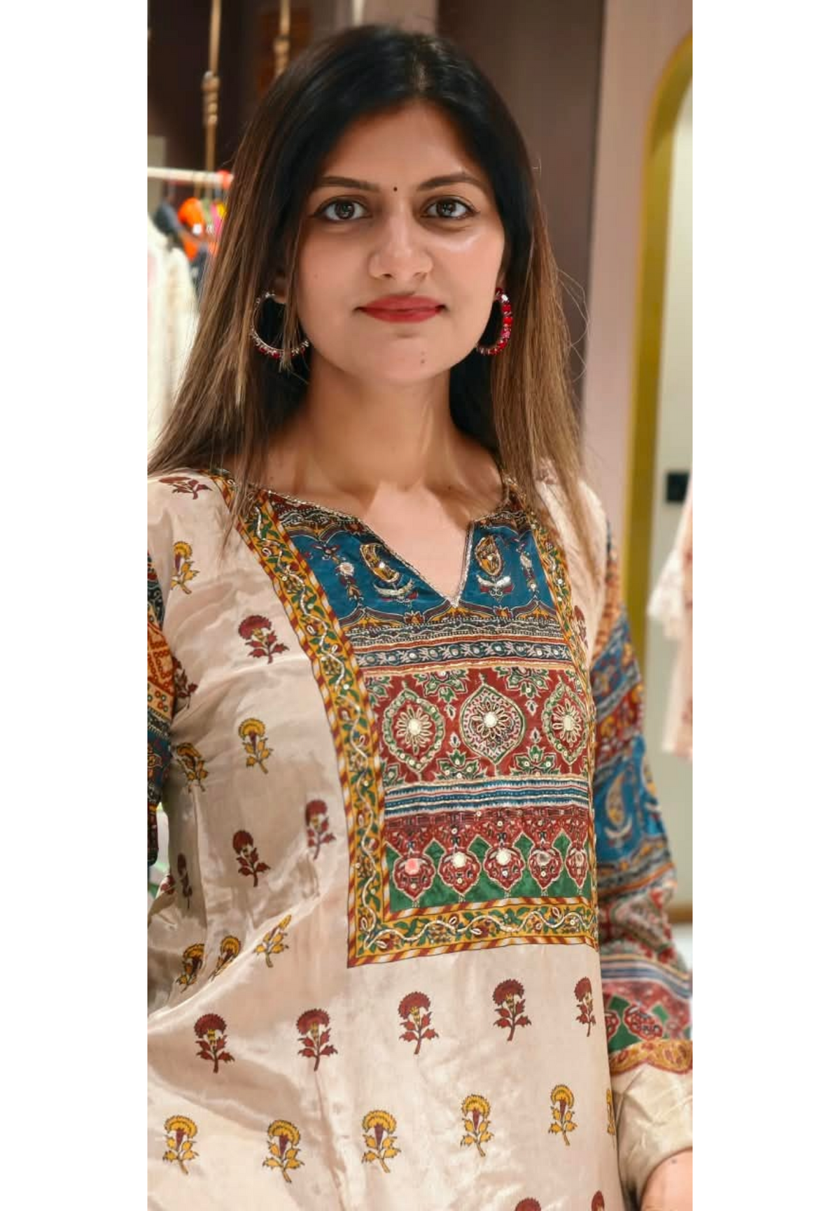 Premium Printed Crepe Ethnic Border & Embellished Neckline Full Suit Set-16780