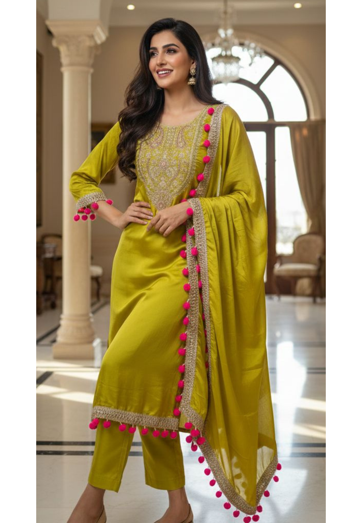 Zardosi Work Bright Shade Pom Pom Full Suit Set With Dupatta In Dola Silk Fabric- 12829