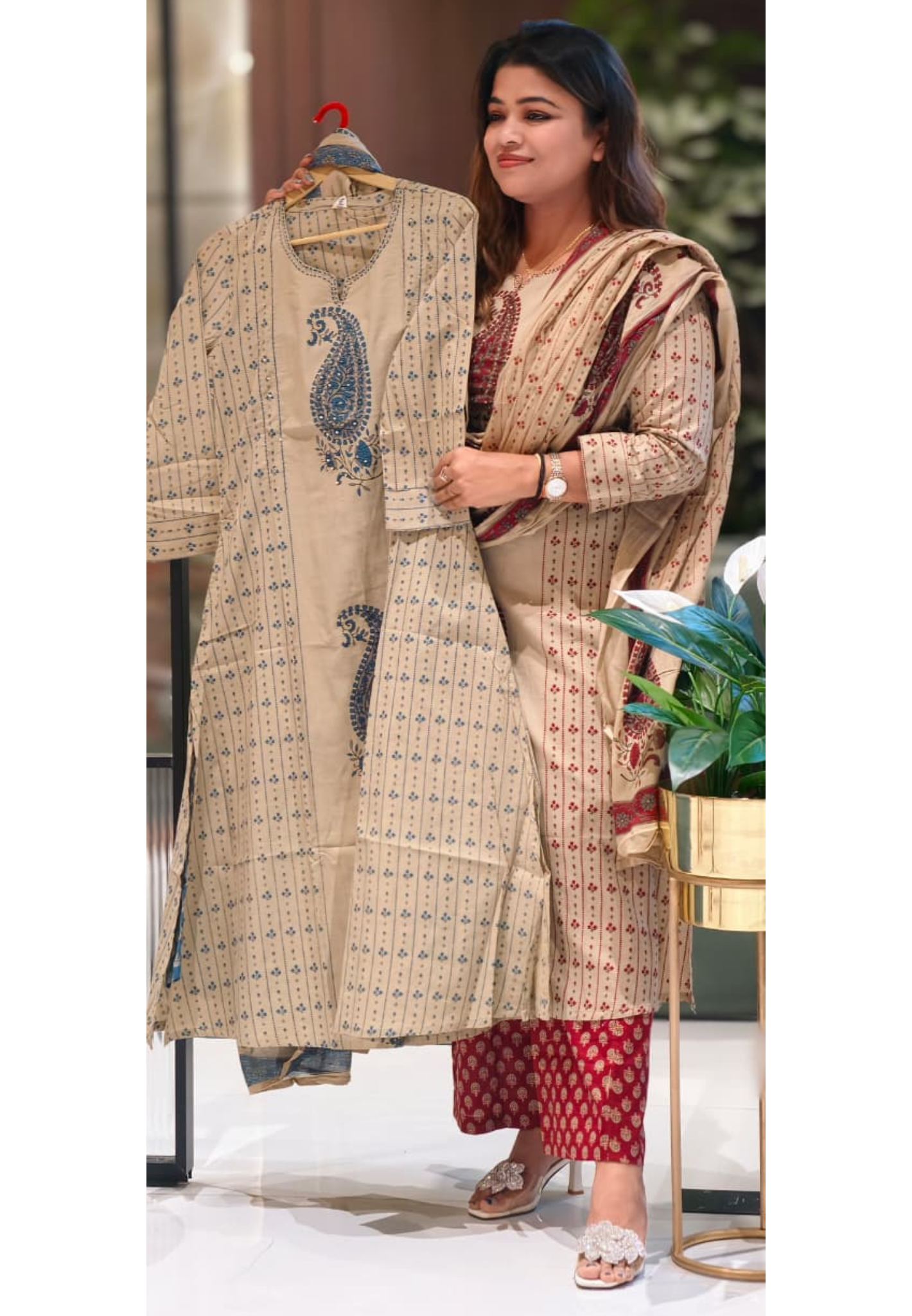 Mango Buti Floral Lined Placement Print Cotton A-Line Full Suit Set With Dupatta- 13563
