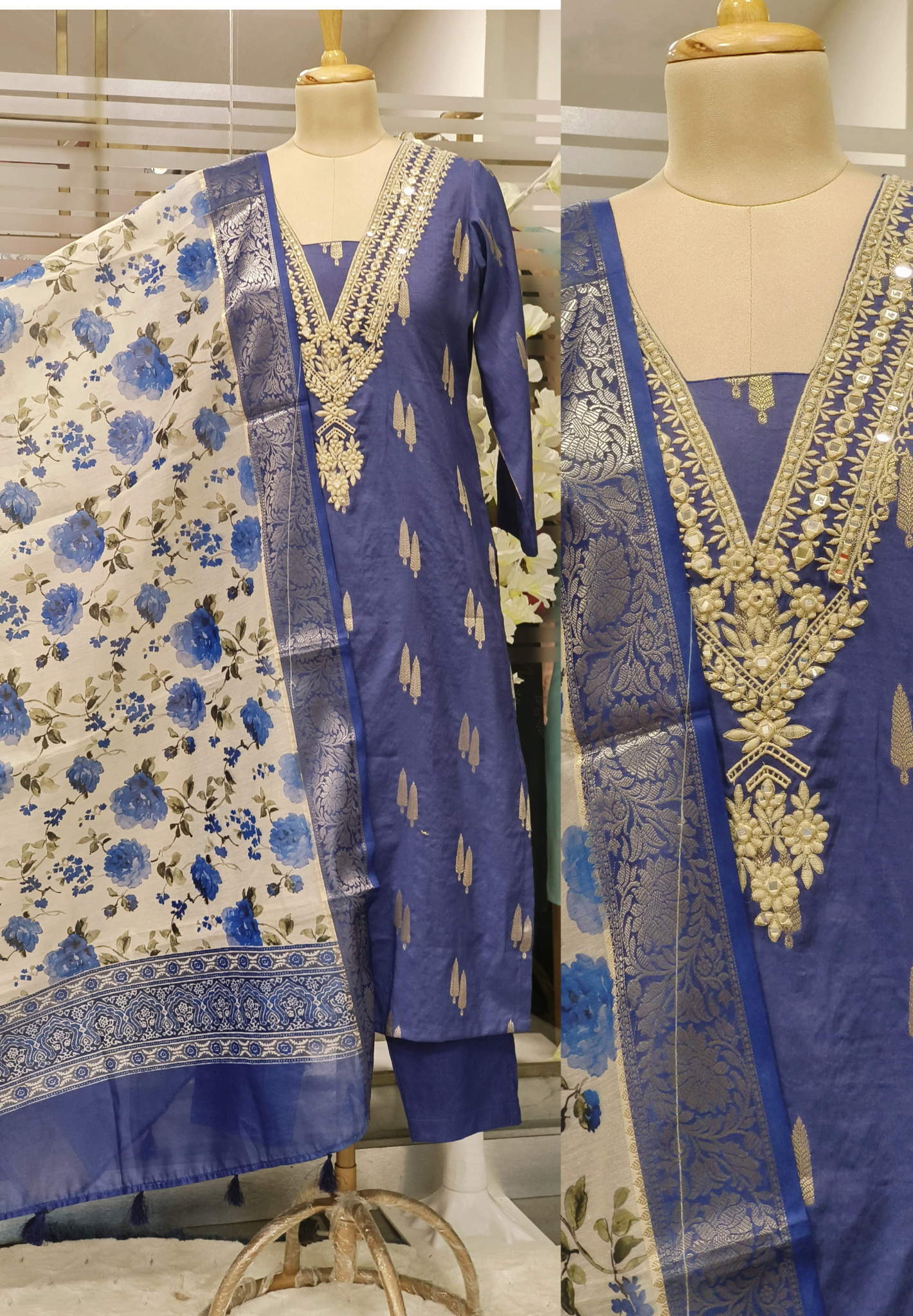 Floral Elegance: Chanderi Mirror Work Kurta Set with Organza Dupatta