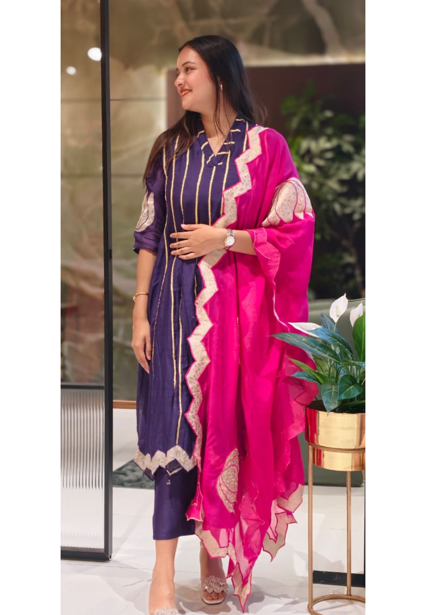 Golden Trimmed Lace Lined Embroidered Panel Anarkali Full Suit Set With Dupatta In Mul Chanderi Fabric- 13581