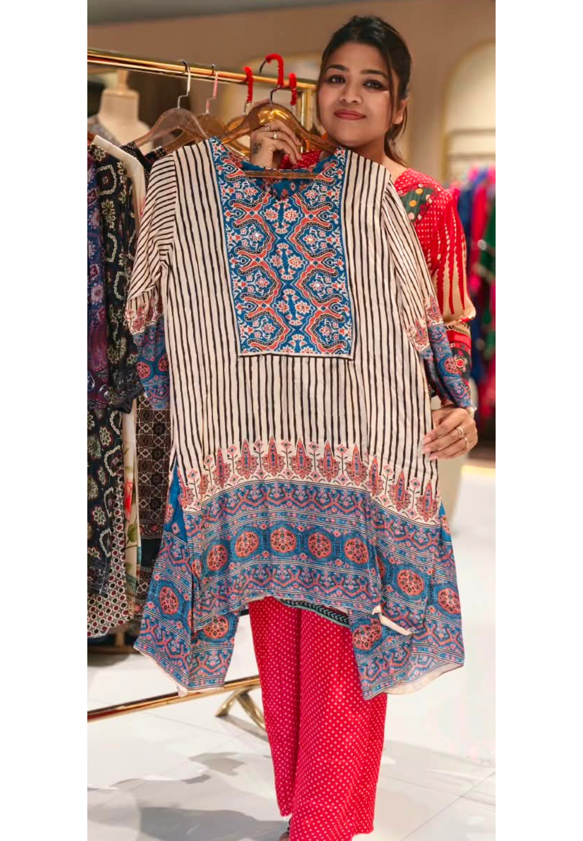 Stripe Elegance Blue Prints Flowy Crepe Co-Ord Set- 15239