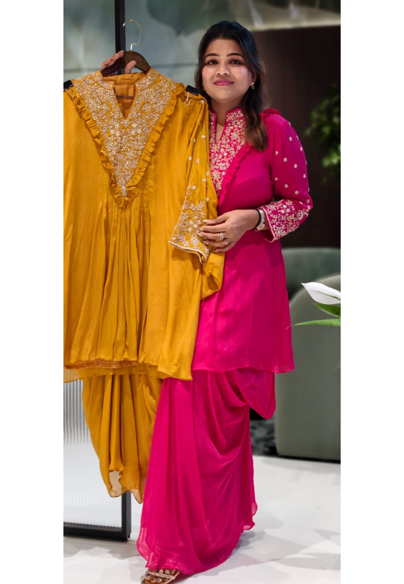 Noor-E-Zar Heavily Embroidered Boho Neck Chinon High Low Solid Kurta With Dhoti Skirt- 12974