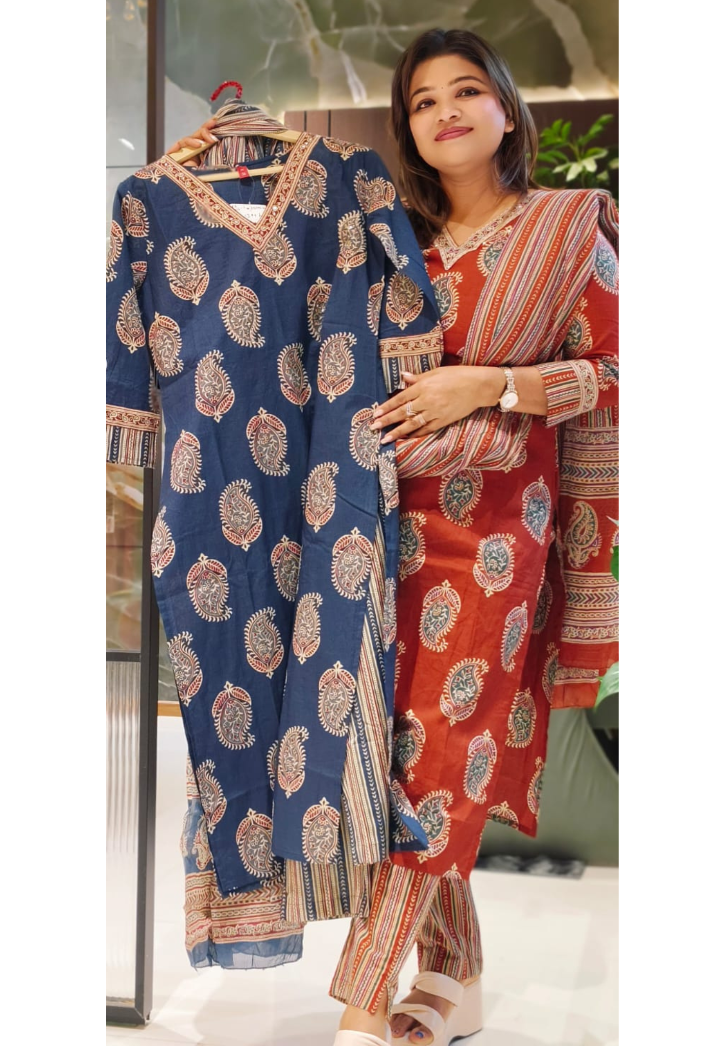 Handblock Printed Pure Cotton Straight Kurta Set with Paisley Motifs, Pants & Matching Dupatta