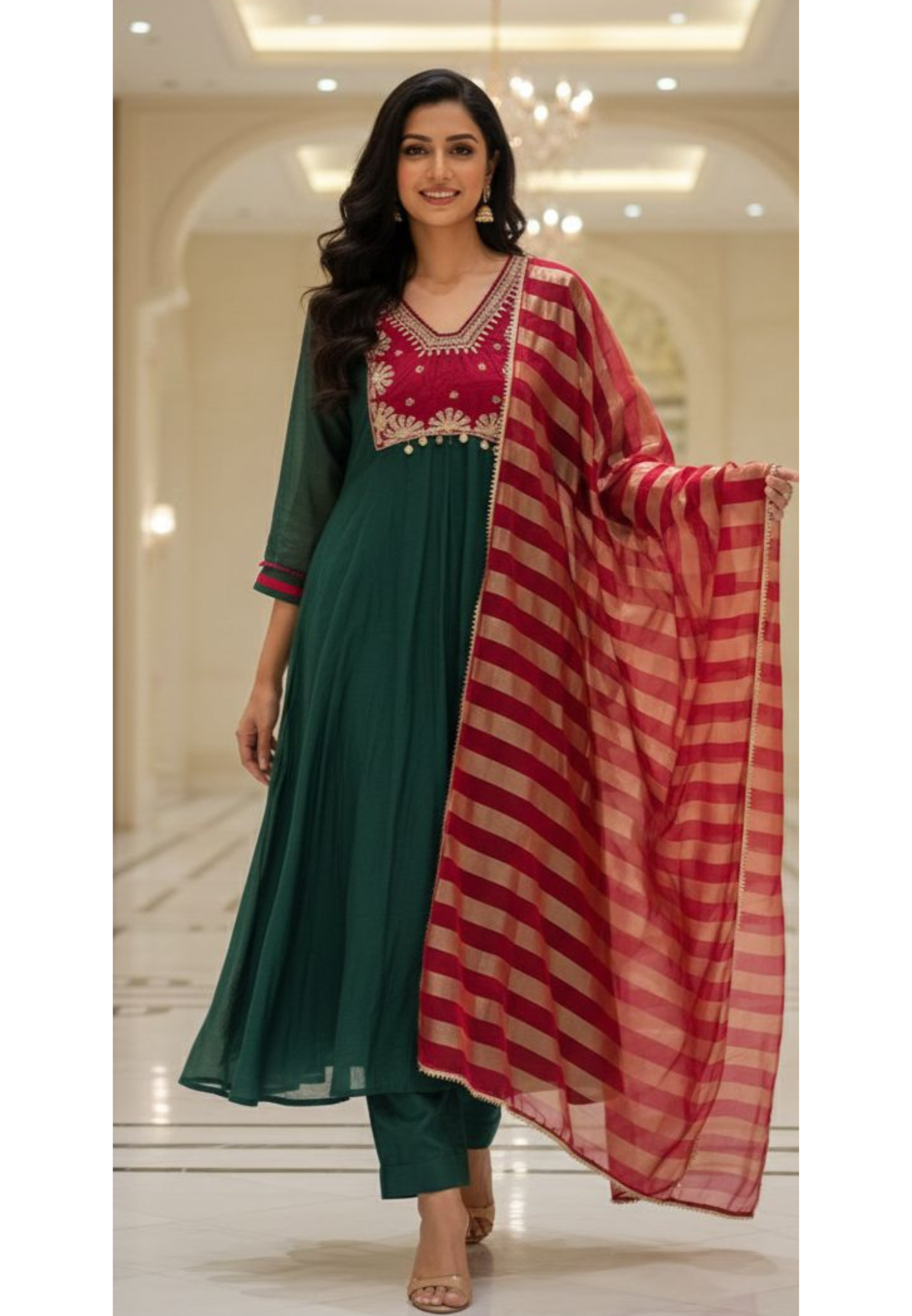 Mulchanderi Zarina Coin Tasseled Yoke A-Line Full Suit Set With Golden Striped Tissue Dupatta- 12875