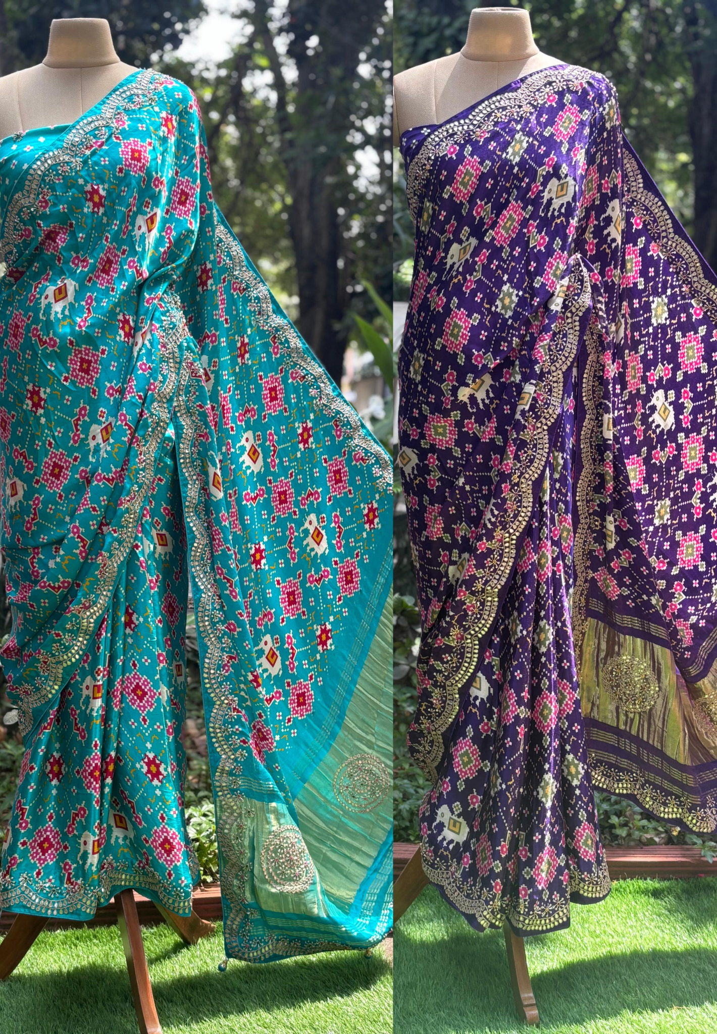 Premium Fabric Abstract Print Look Patola Gotta Bordered Saree With Unstitched Blouse