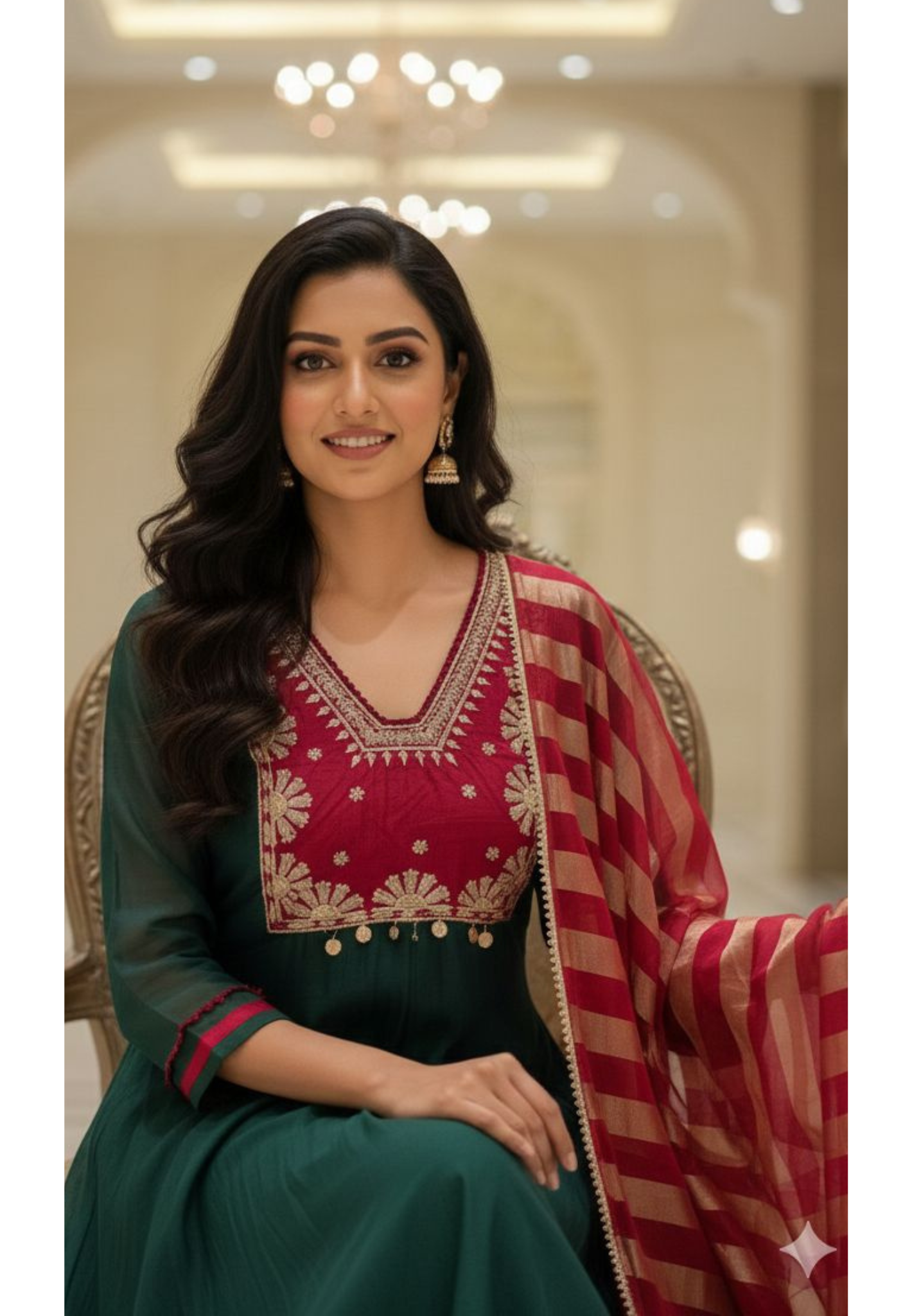 Mulchanderi Zarina Coin Tasseled Yoke A-Line Full Suit Set With Golden Striped Tissue Dupatta- 12875