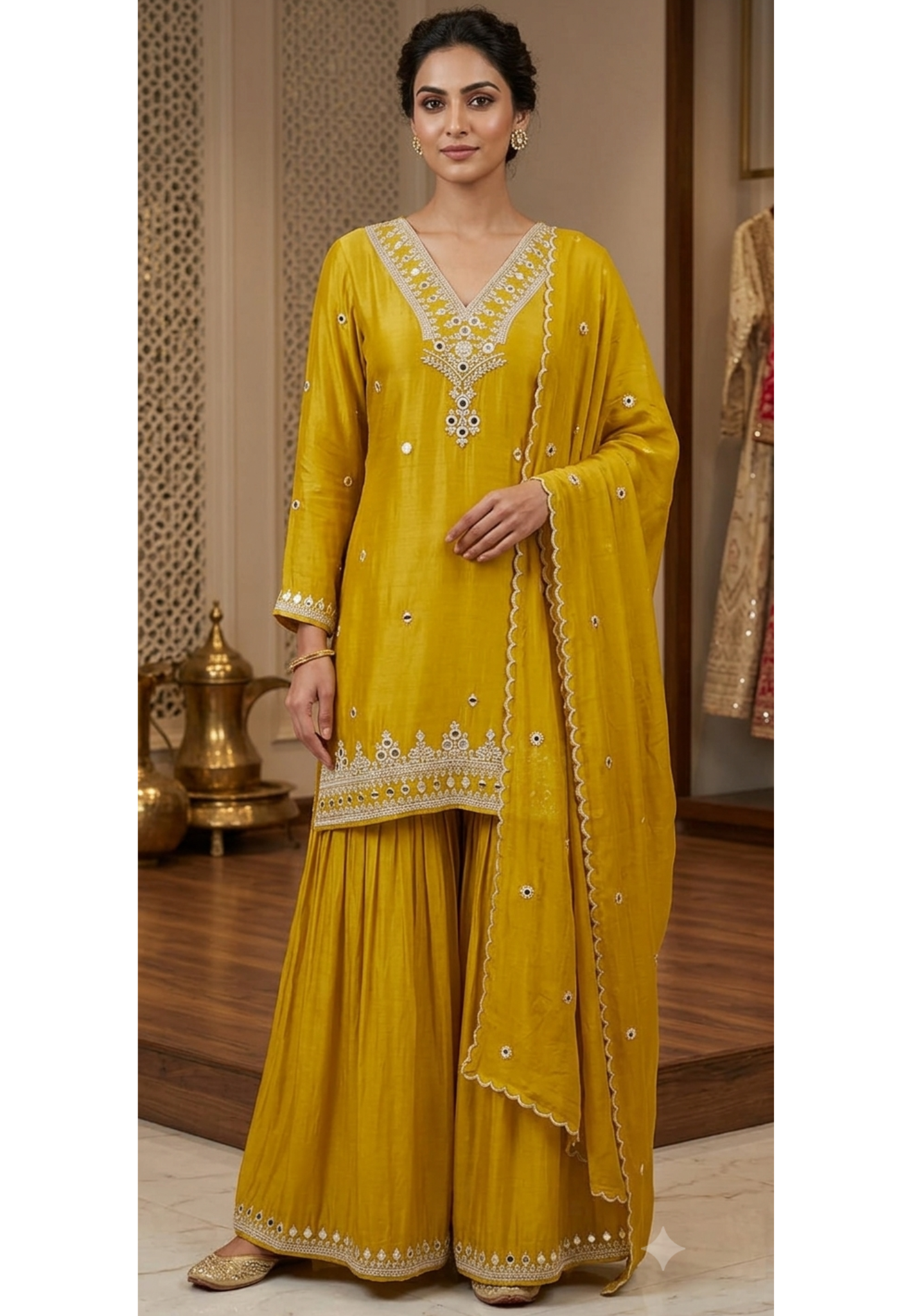 Foil Mirror Intricate Thread Embroidery Chinon Palazzo Full Suit Set With Dupatta