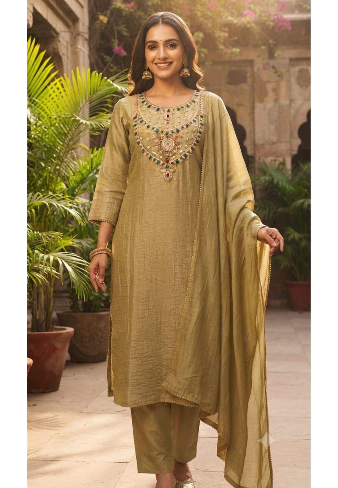 Heavy Jewel Stone Detailing Yoke Crush Tissue Full Suit Set With Dupatta- 15286