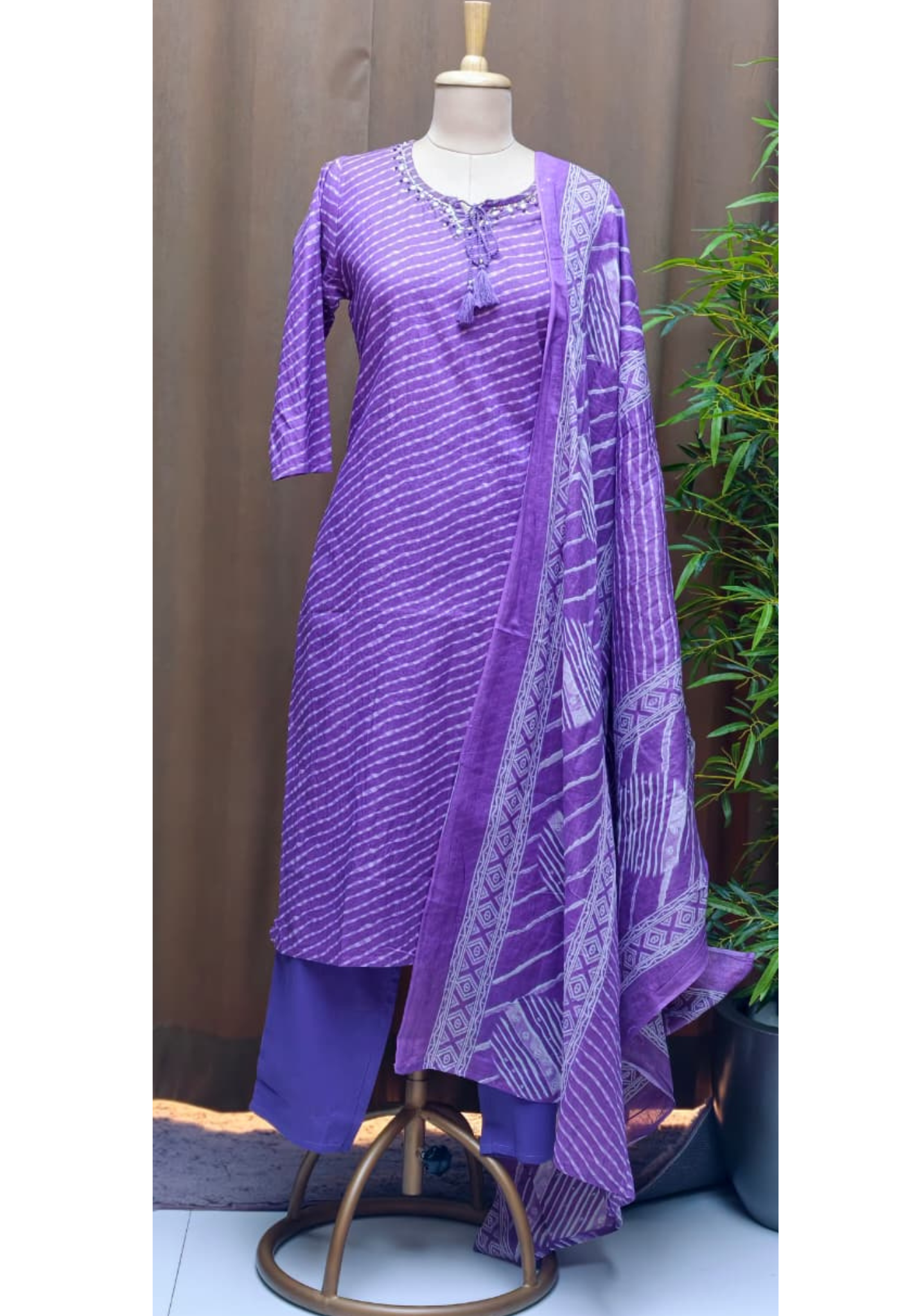 Minimal Neck Work Soft Cotton Leheriya Printed Full Suit Set With Dupatta- 15531