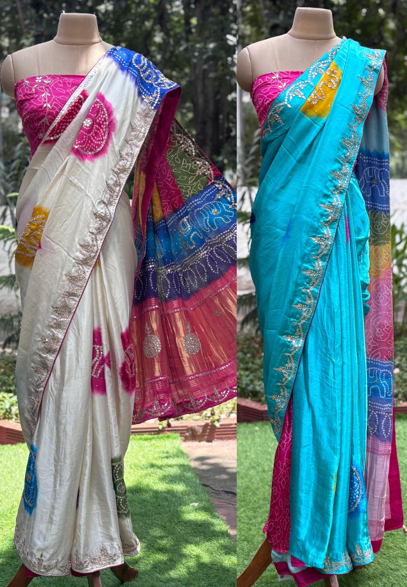 Gotta Minimal Bordered Tri Color Bandhej Saree With Unstitch Blouse