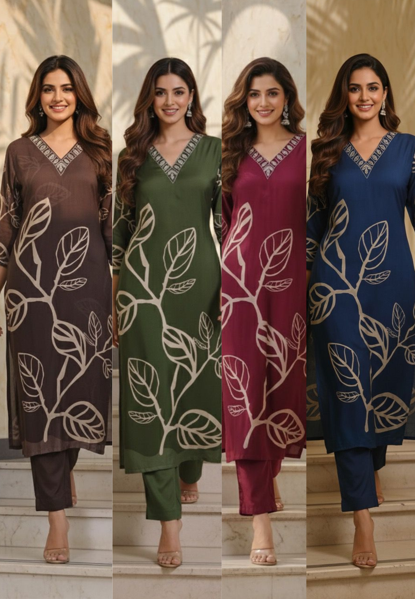 Gaint Leafy Print V-Neck Beads Worked Kurta Pant Set In Muslin Fabric- 11632, 11633, 11634, 11635
