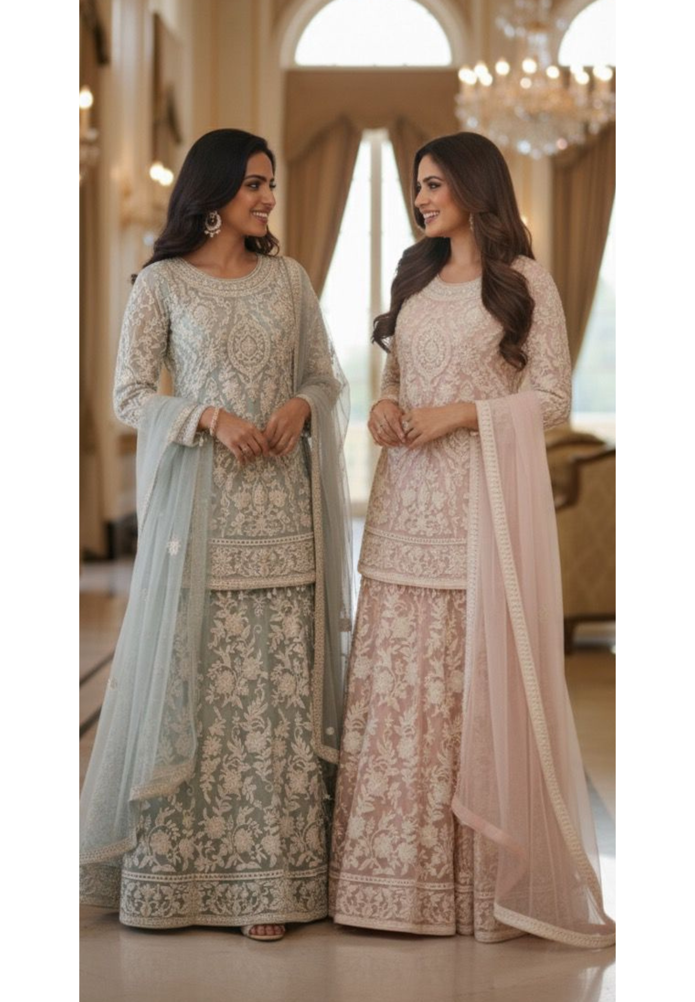 Pure Thread Embroidered Over Net Pearl Tassel Very Elegant Short Length Kurta With Skirt Bottom (Cane-Cane Inside) & Beautifully Bordered Dupatta- 11316, 11317