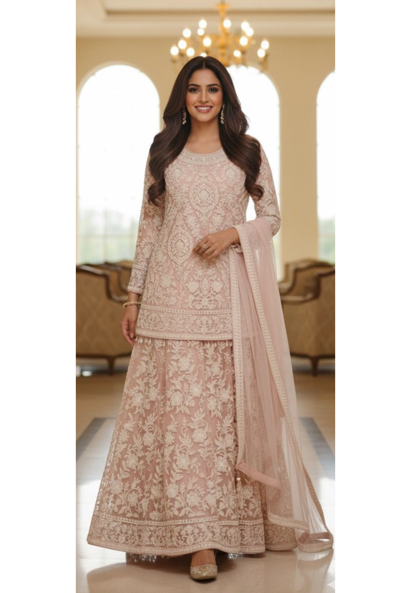 Pure Thread Embroidered Over Net Pearl Tassel Very Elegant Short Length Kurta With Skirt Bottom (Cane-Cane Inside) & Beautifully Bordered Dupatta- 11316, 11317