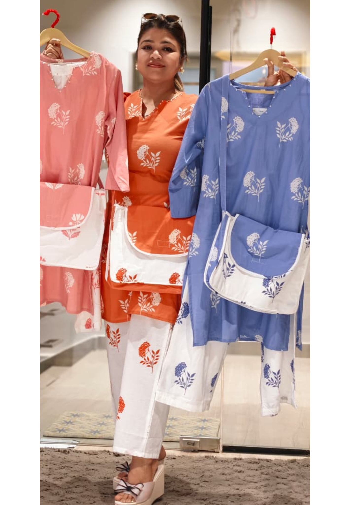 Floral Block Print Dual Color Cotton Co-ord Set with Matching Bag- 14901