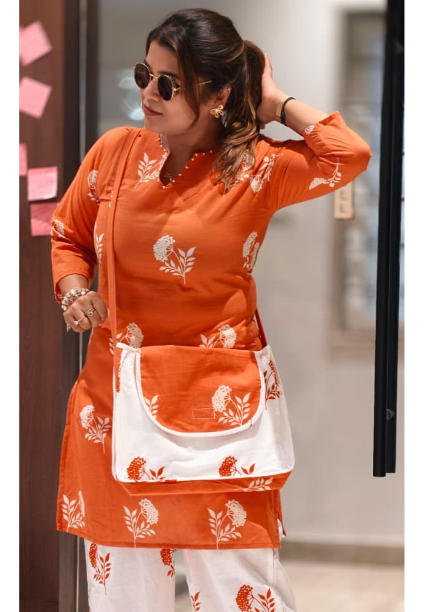 Floral Block Print Dual Color Cotton Co-ord Set with Matching Bag- 14901