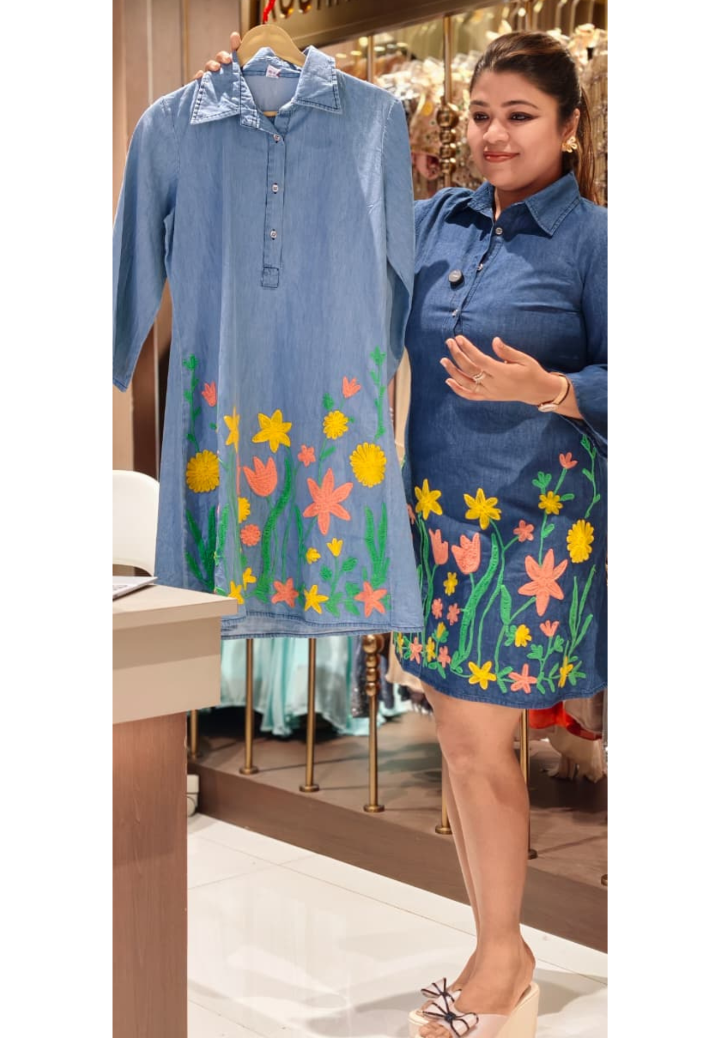 Floral Garden Colorful Thread Embroidery Denim Look Knee Length Frock- 14900