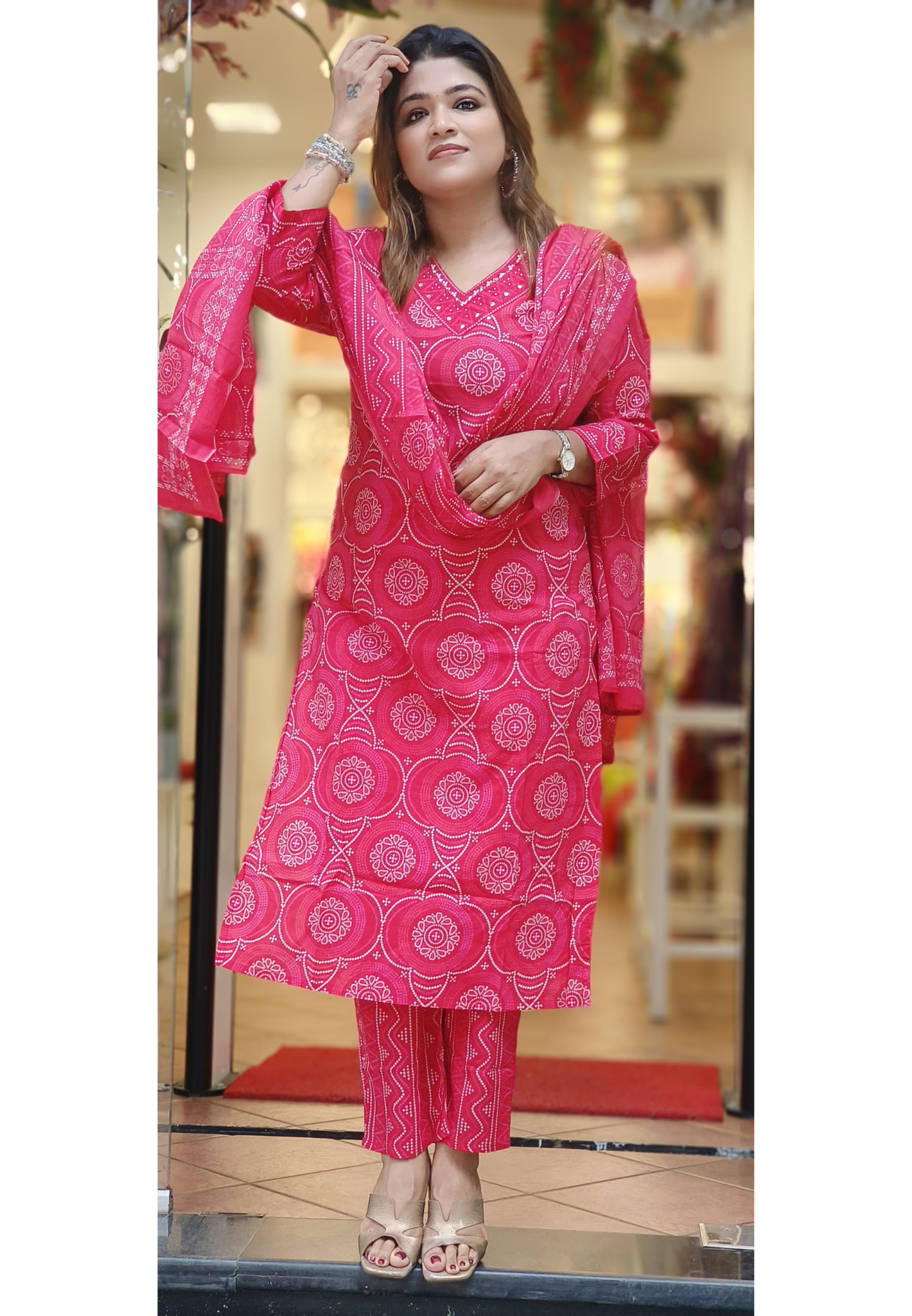 V-Neck Cotton Full Suit Set With Dupatta
