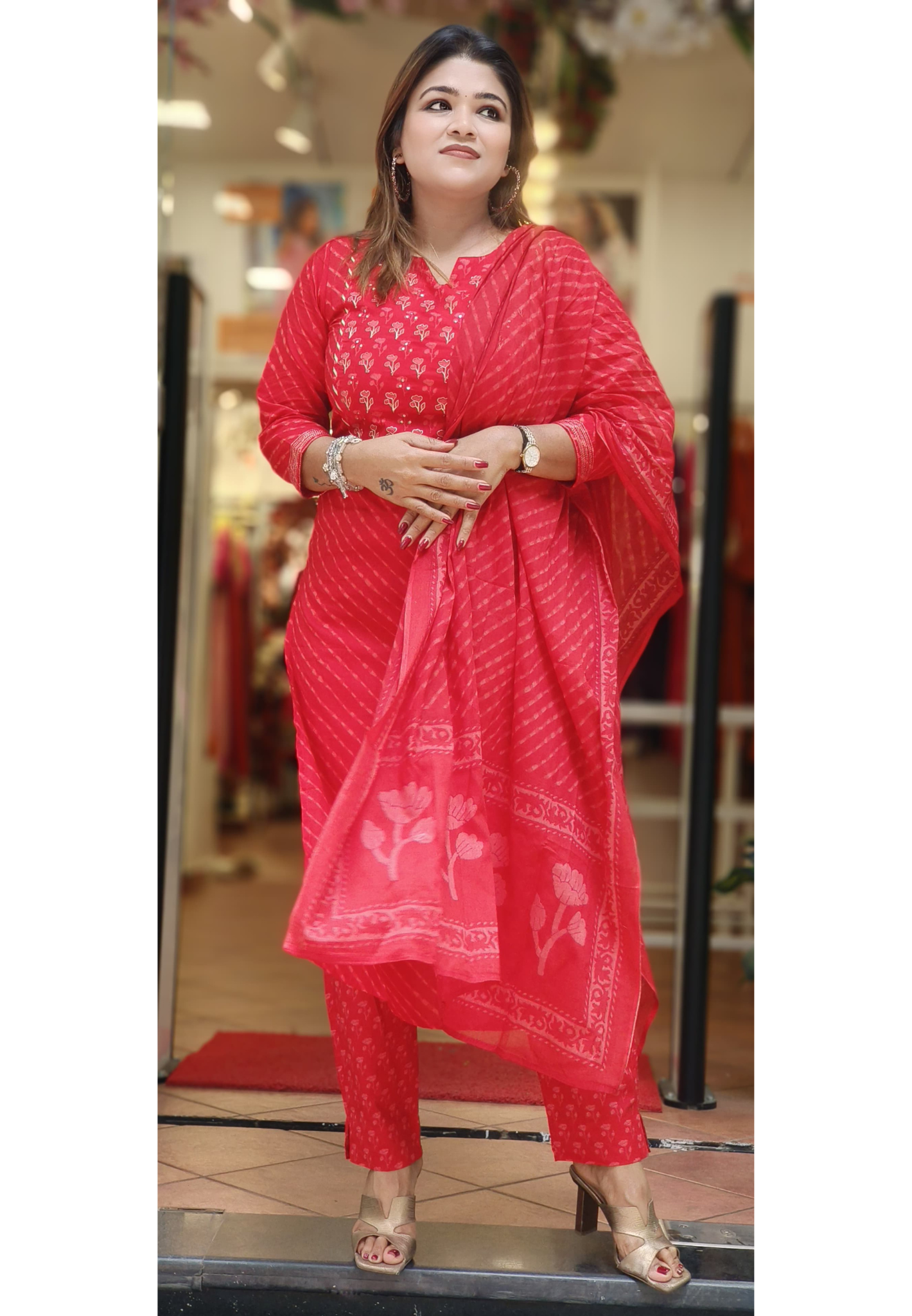 Floral Printed Full Suit Set With Dupatta In Cotton Fabric-10303