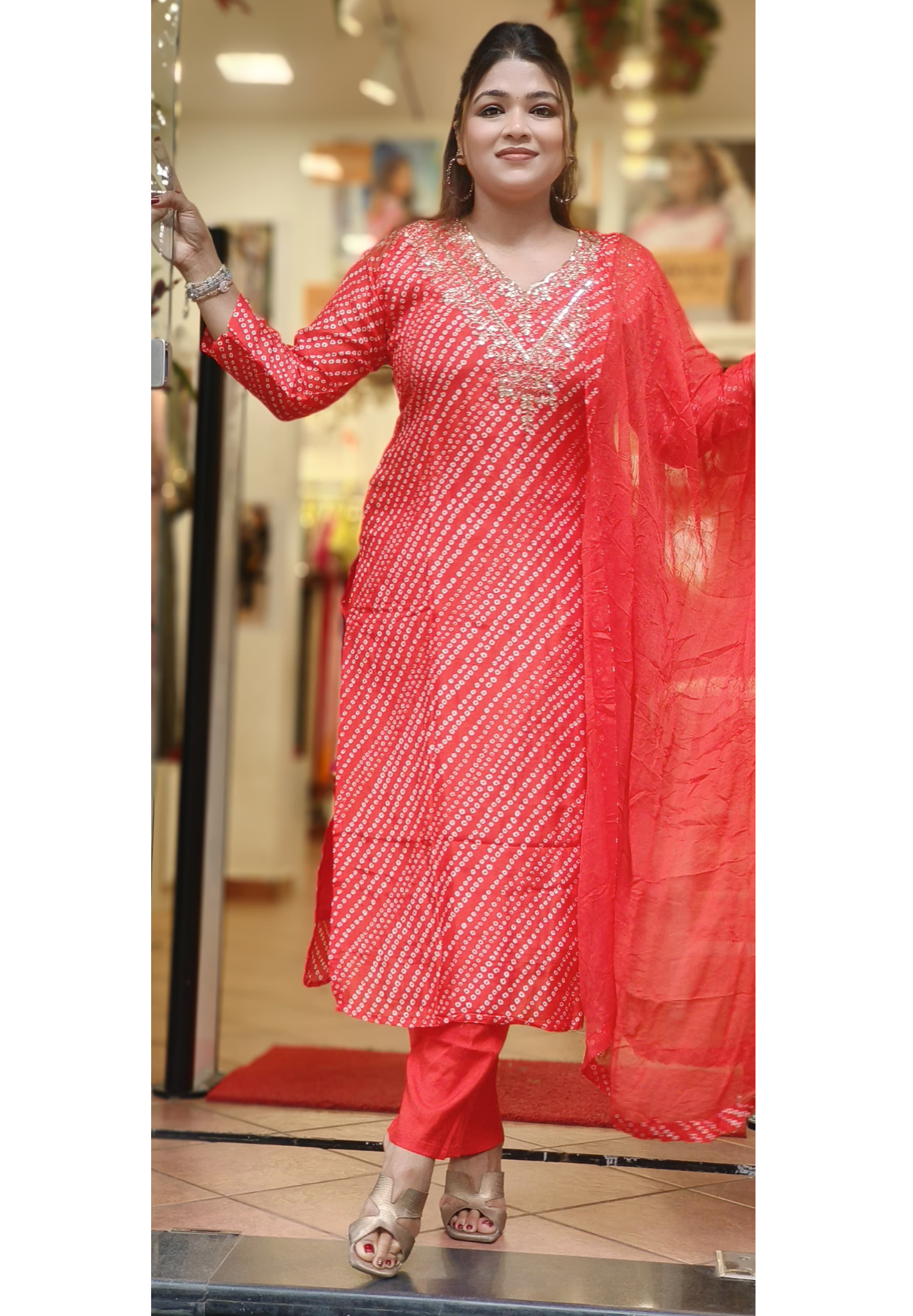 V-Neck Handwork Dotted Silk Full Suit With Dupatta