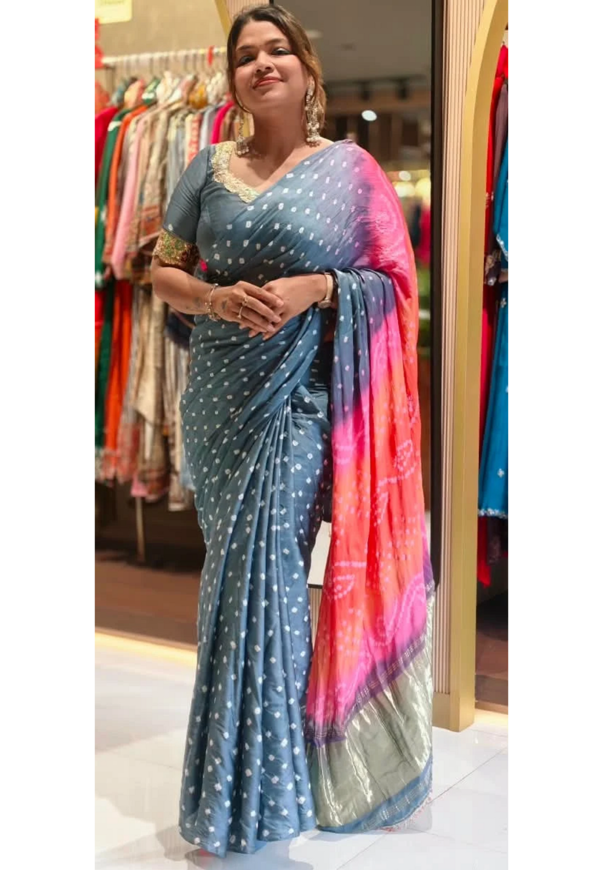 Vibrant Bandhani Print Mural Satin Saree with Unstitched Blouse Piece 16650