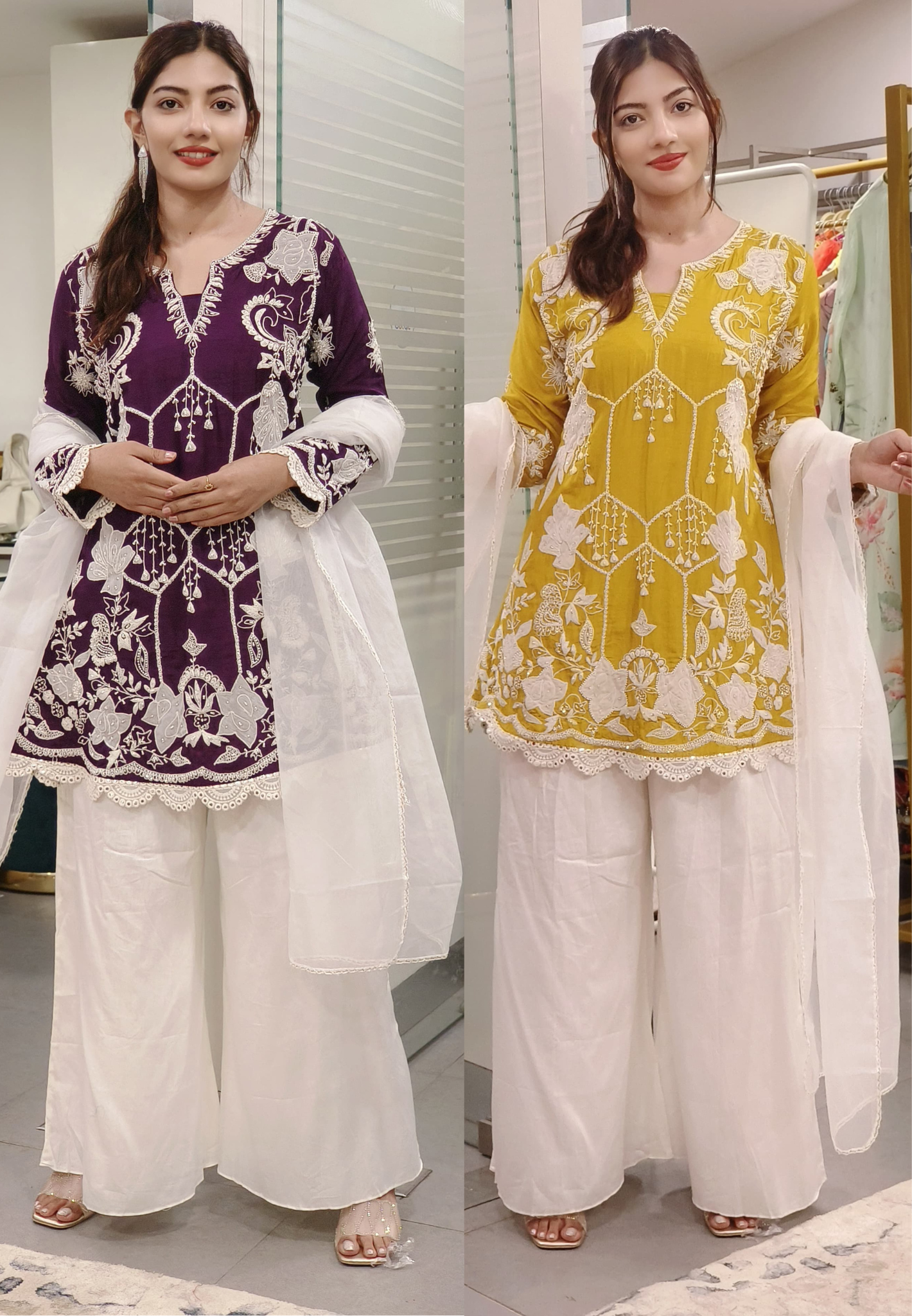 Elegant 3-Piece Silk Embroidered Suit Set With Pearl & Thread Work Deep Purple & Mustard Yellow With organza Dupatta9415,9416