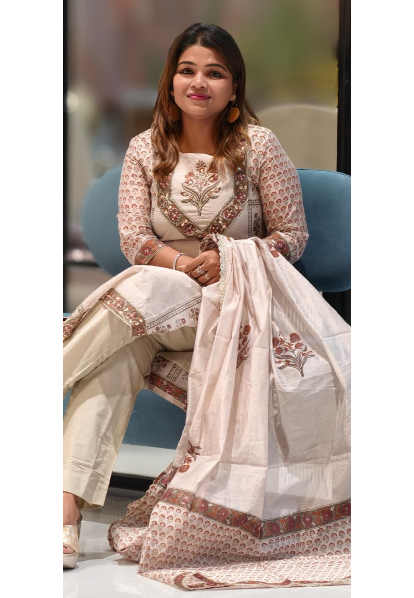 Soft Spring Floral Fern Printed & Embroidered Yoke Full Suit Set With Dupatta In Chanderi Fabric- 12979