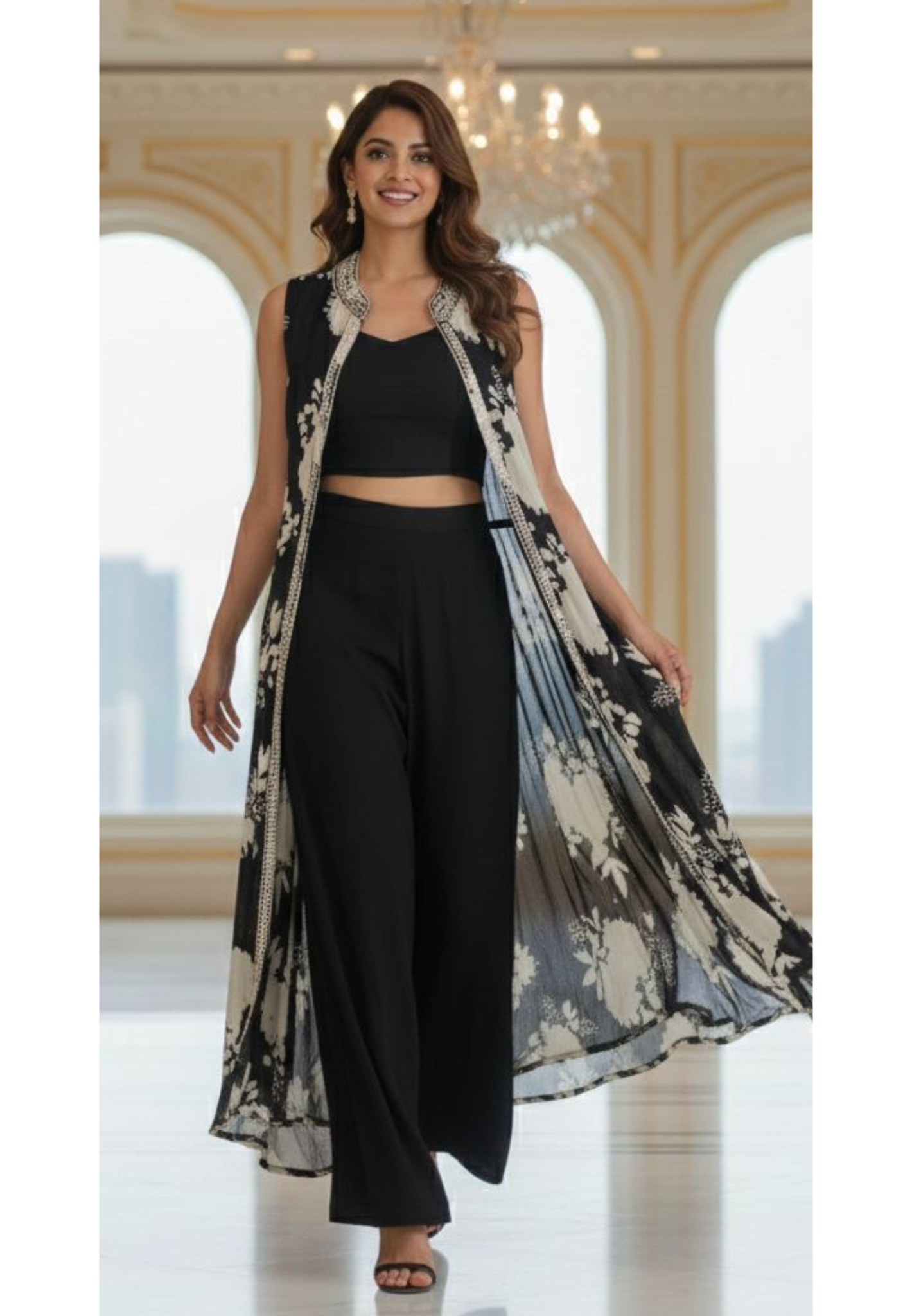 Black & White Elegance Floral Printed Collared Shrug With Buster & Loose Palazzo Bottom