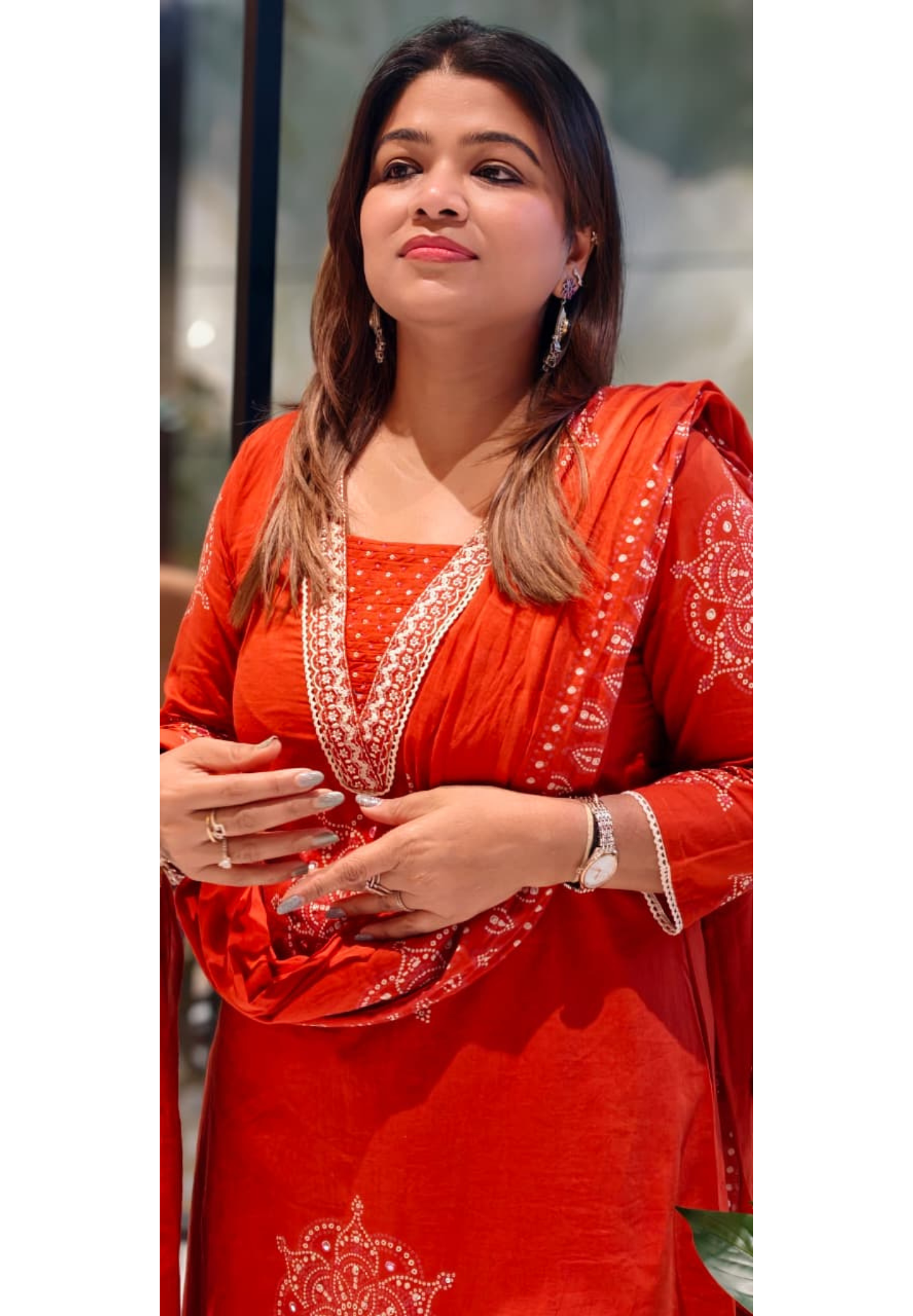 Printed Bandhej Charm With Embroidered Glass Neck Full Suit Set With Dupatta In Cotton Fabric- 13713