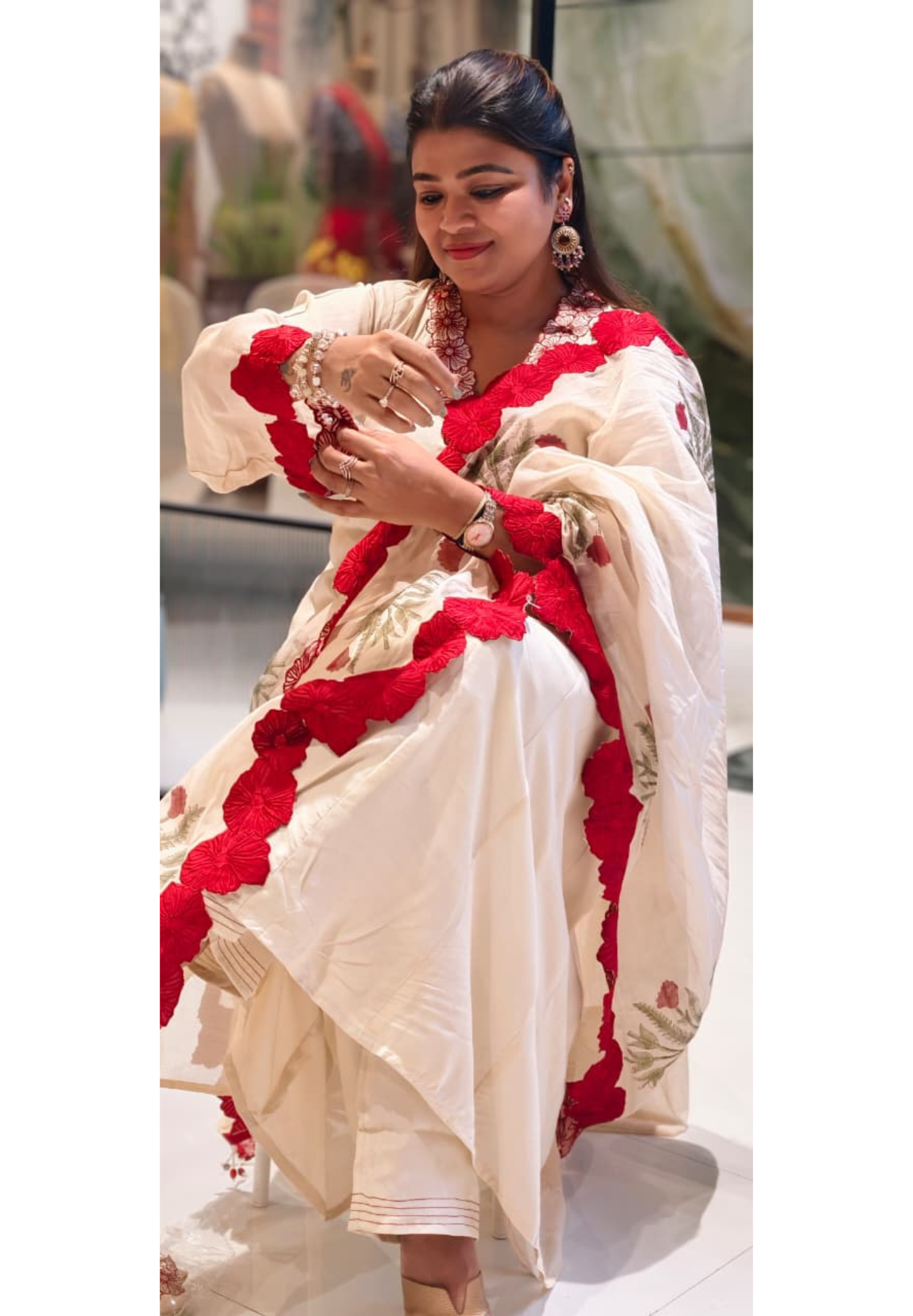 Floral Applique Cut-Work In Neck Line & Sleeves Panel Anarkali Full Suit Set With Dupatta In Mul-Chanderi Fabric- 13736 (Loose Fit)