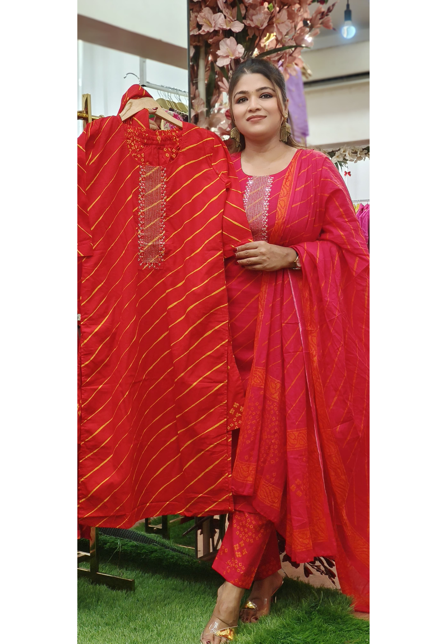 Bright Shade Leheriya Full Suit Set With Dupatta In Cotton Fabric
