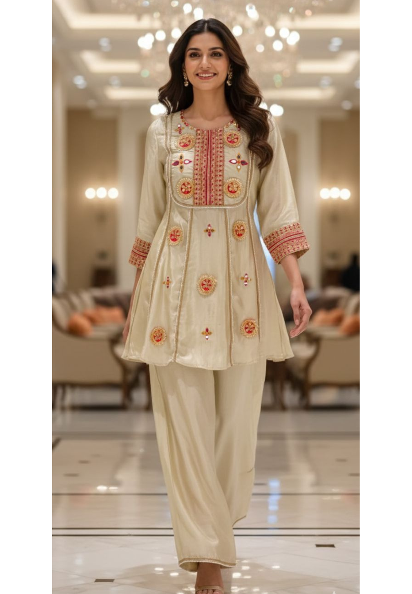 Gotta With Real Mirror Elegance Vibrant Embroidery Work A-LineCo-Ord Set In Tissue Fabric-12999