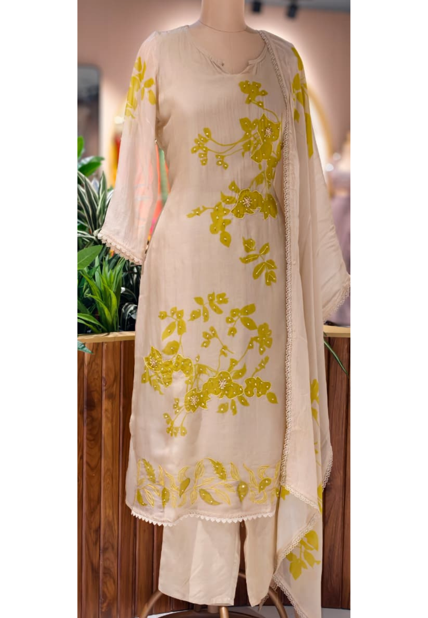 Lime Petal Printed With Sequin Upwork Crosia Borders Full Suit Set With Dupatta- 13737