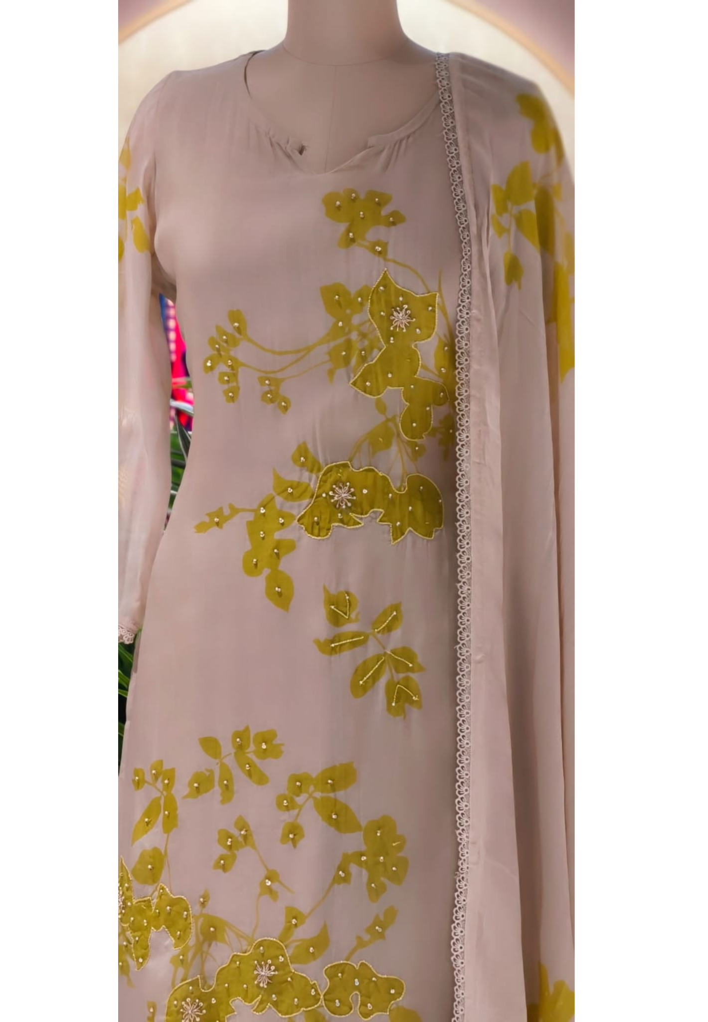 Lime Petal Printed With Sequin Upwork Crosia Borders Full Suit Set With Dupatta- 13737