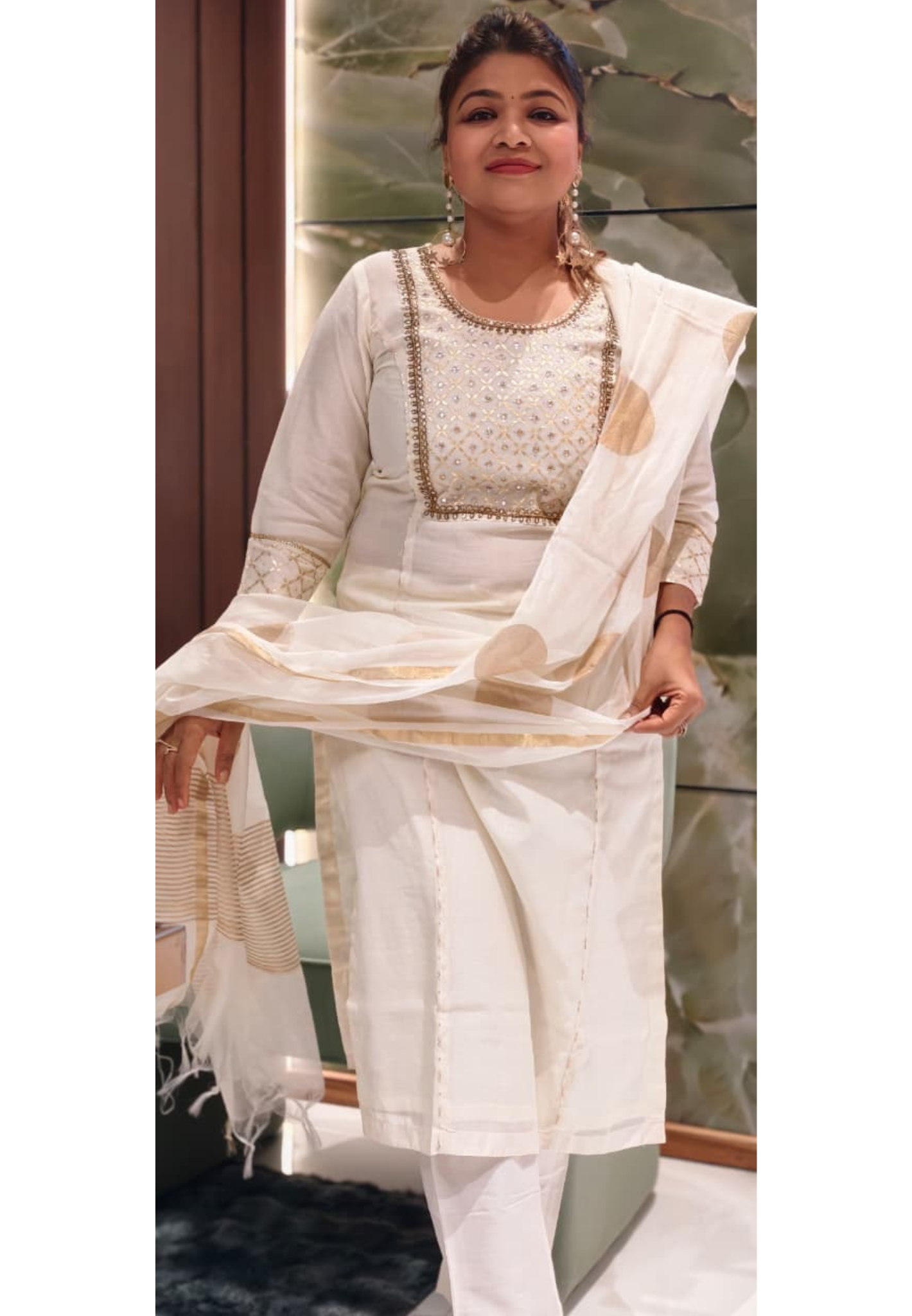 Pure Chanderi Elegant Off-White & Gold Embellished Full Suit Set with Statement Dupatta- 14922