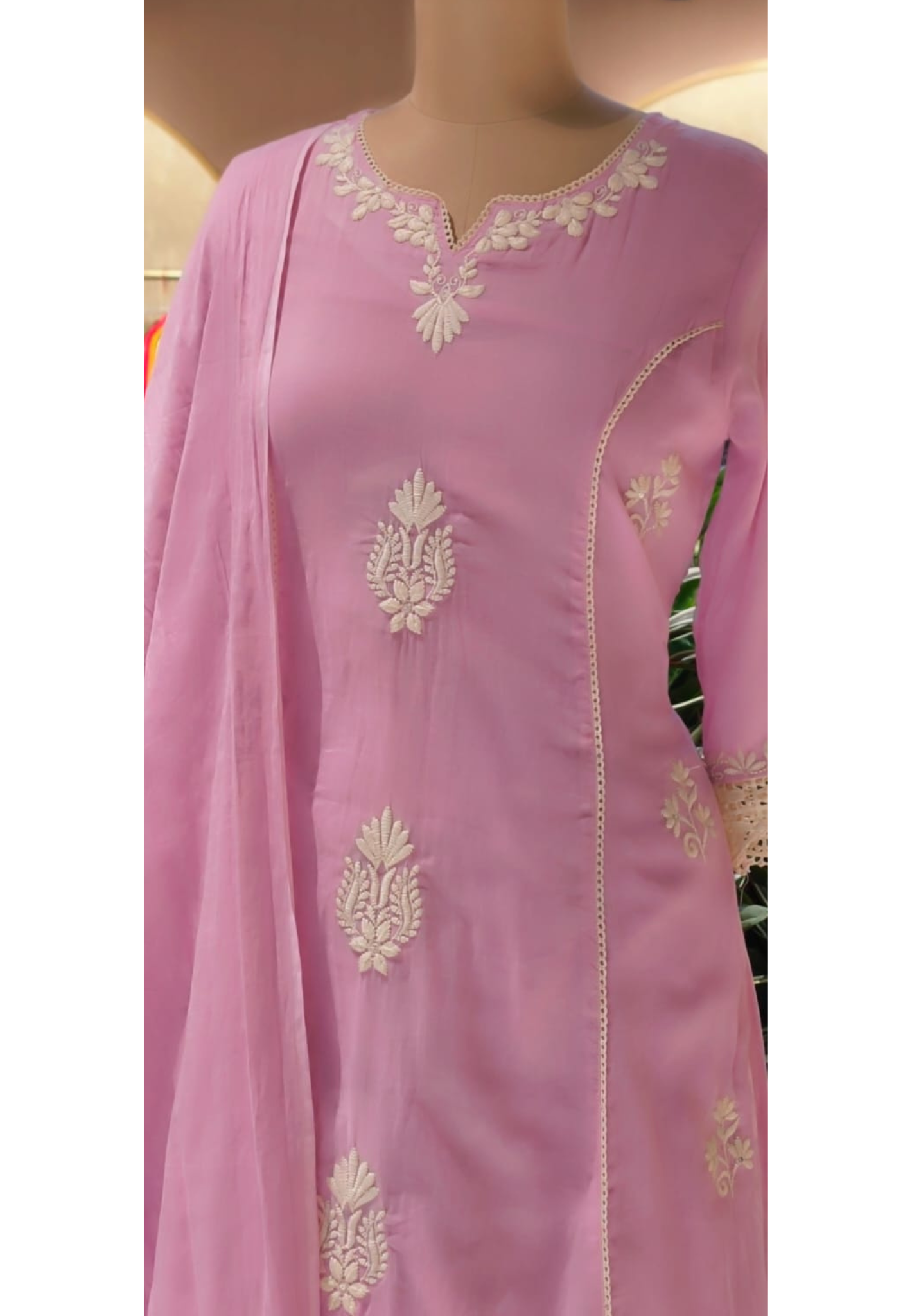 Chikankari Thread Embroidered Pastel Tone Soft A-Line Full Suit Set With Dupatta- 13703